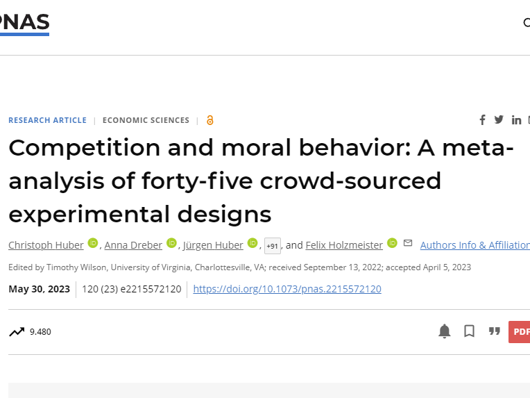  New Publication in PNAS: Competition and moral behavior: A meta-analysis of forty-five crowd-sourced experimental designs